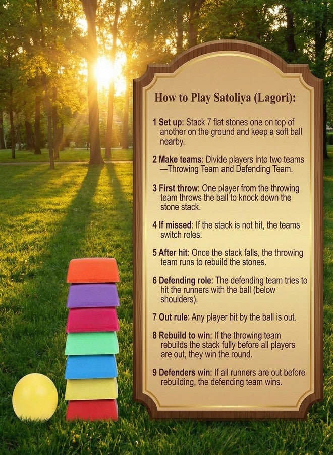 Enorme Satoliya Game for Kids | Traditional 7 Stone Lagori with Soft Ball | Fun Outdoor & Indoor Play Set for Boys & Girls | Safe, Lightweight & Durable Material - (Pack of 1) - Image 5